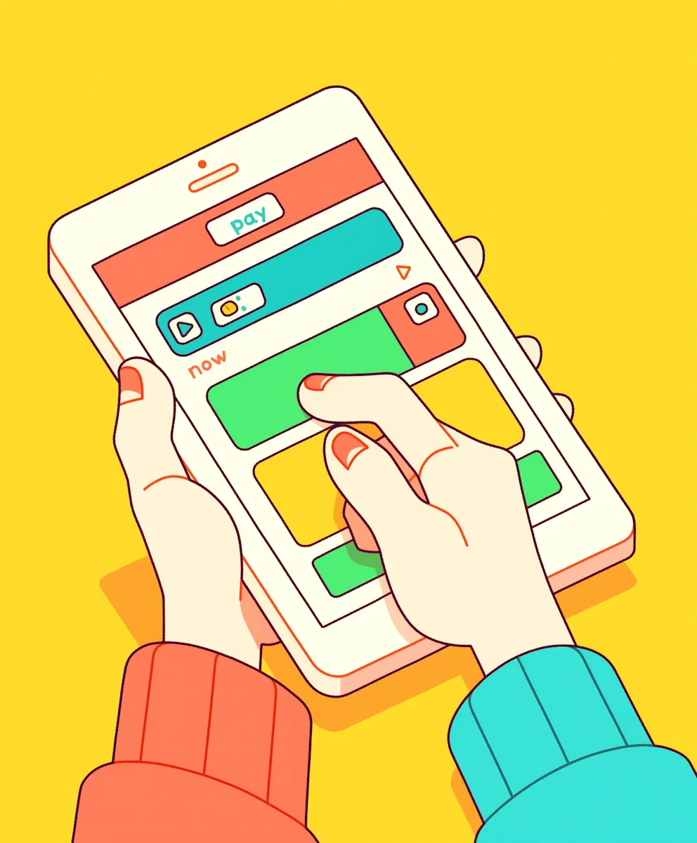 Colourful illustration of hands using a custom software interface on a phone